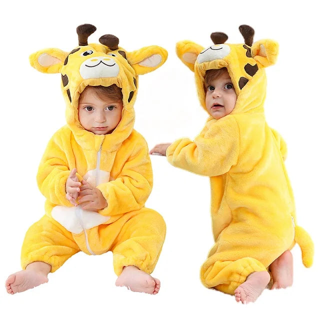 Baby Winter Rompers - Soft Polyester Hooded Jumpsuit With Animal Pattern, Machine Washable