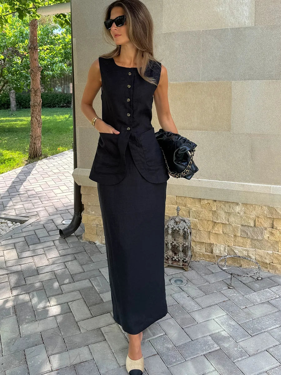 Bornladies Women's Sleeveless Vest High Waisted Skirt Set Spring Summer New Linen Casual Suit Fashion Office Lady Vest Set