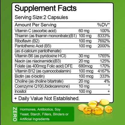 B-Complex Vitamins (B12 B1 B2 B3 B5 B6 B9 Folic Acid &Biotin) Capsule Liver, Immune System, Energy Support Nutrition Supplement