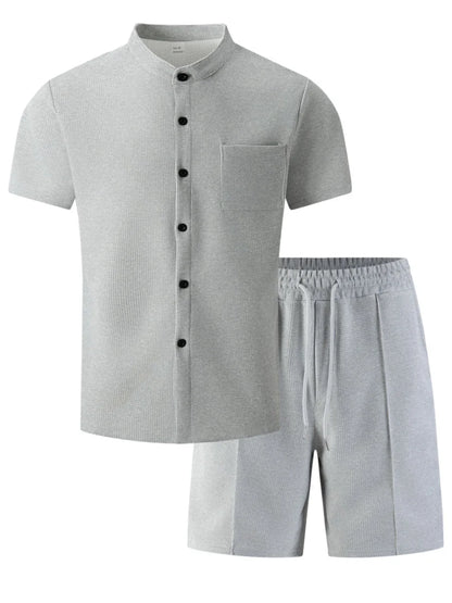 Men's new summer style waffle plain-color crew-neck t-shirt with pocket short-sleeved set with beach shorts men's casual suit