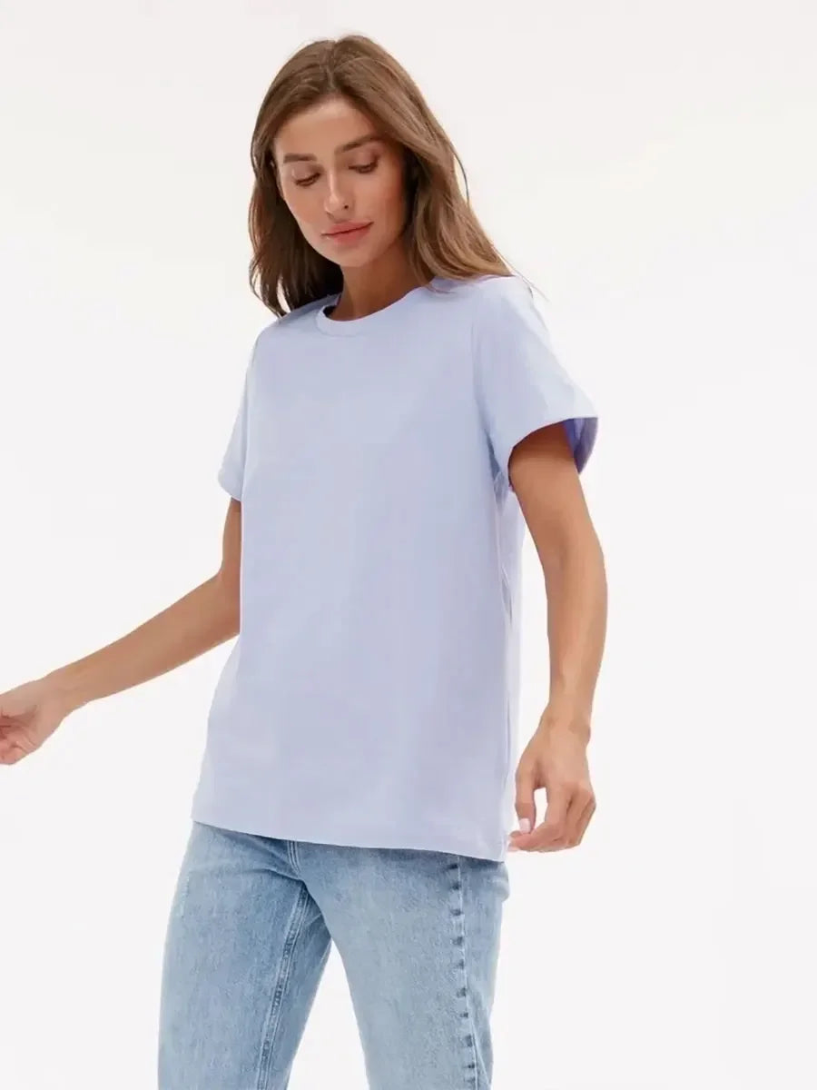 Wolfeel Summer 100% Cotton Women's T-shirt Bottoming Basic Fashionable Solid Lady Short Sleeve Loose Tops Shirts 230g/㎡ Tops
