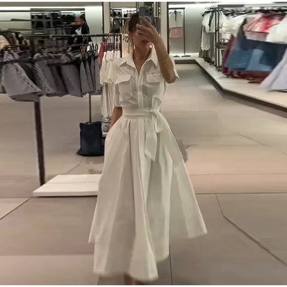 Women Summer Dress - Casual Striped Long Half Sleeve Slim Waist Mid-Calf Robe