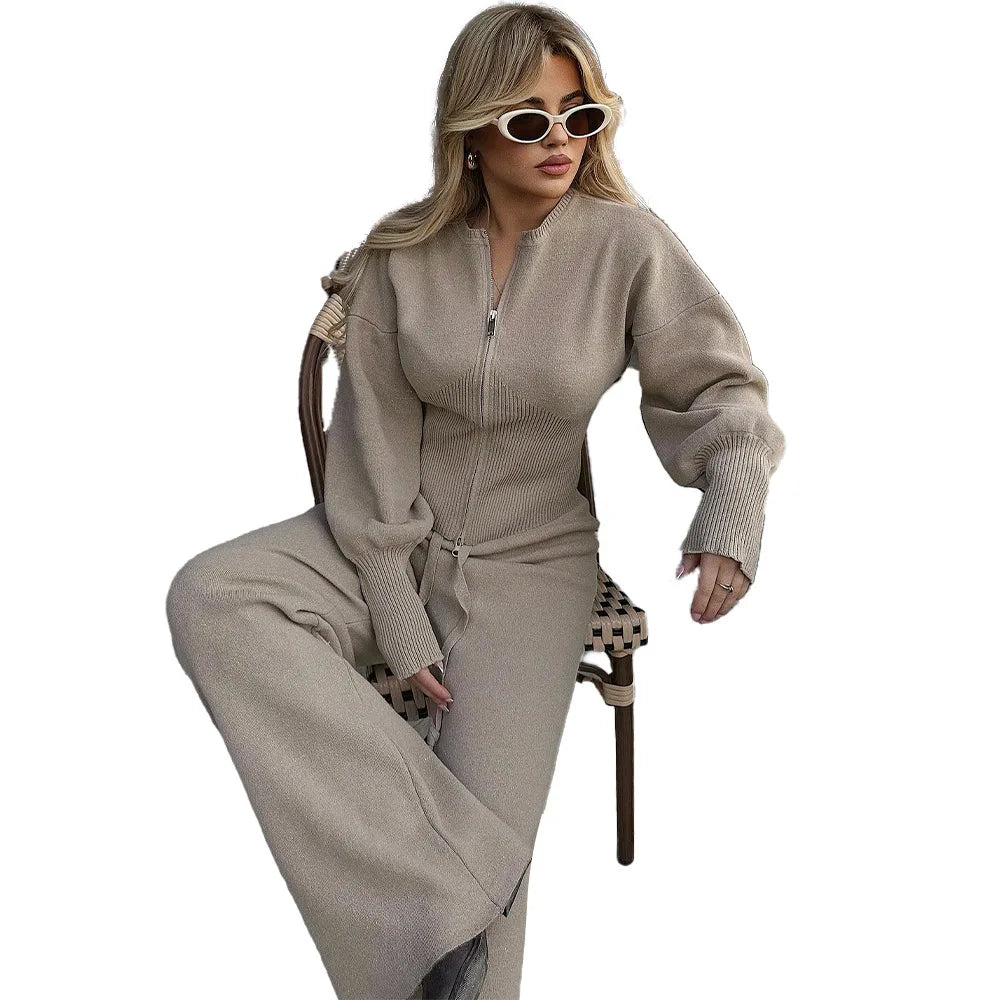 Bornladies 2026 Spring  New Knitted Wo-piece Set Zipper Top High-waisted Elastic Waist Straight Pants Set Mininalist Casual Suit