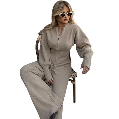 Bornladies 2026 Spring  New Knitted Wo-piece Set Zipper Top High-waisted Elastic Waist Straight Pants Set Mininalist Casual Suit