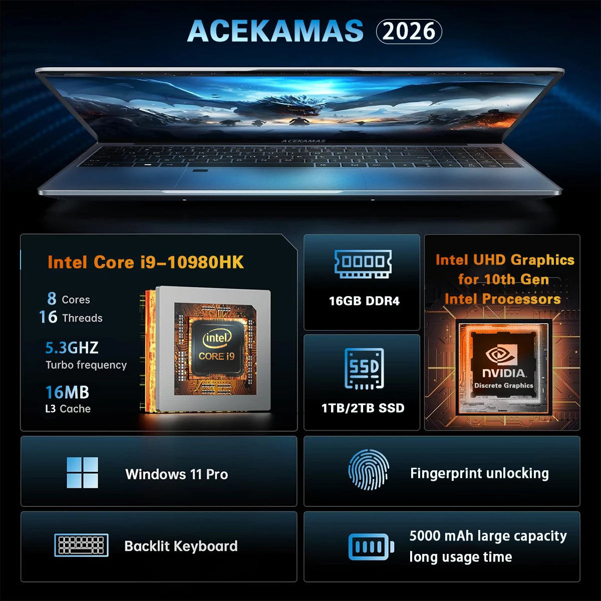 2026 Intel Core I9 10980HK 9900U Laptop Windows 11 Pro 16GB RAM 1TB 2TB SSD Portable Gaming Laptops Computer 15.6" Notebook PC