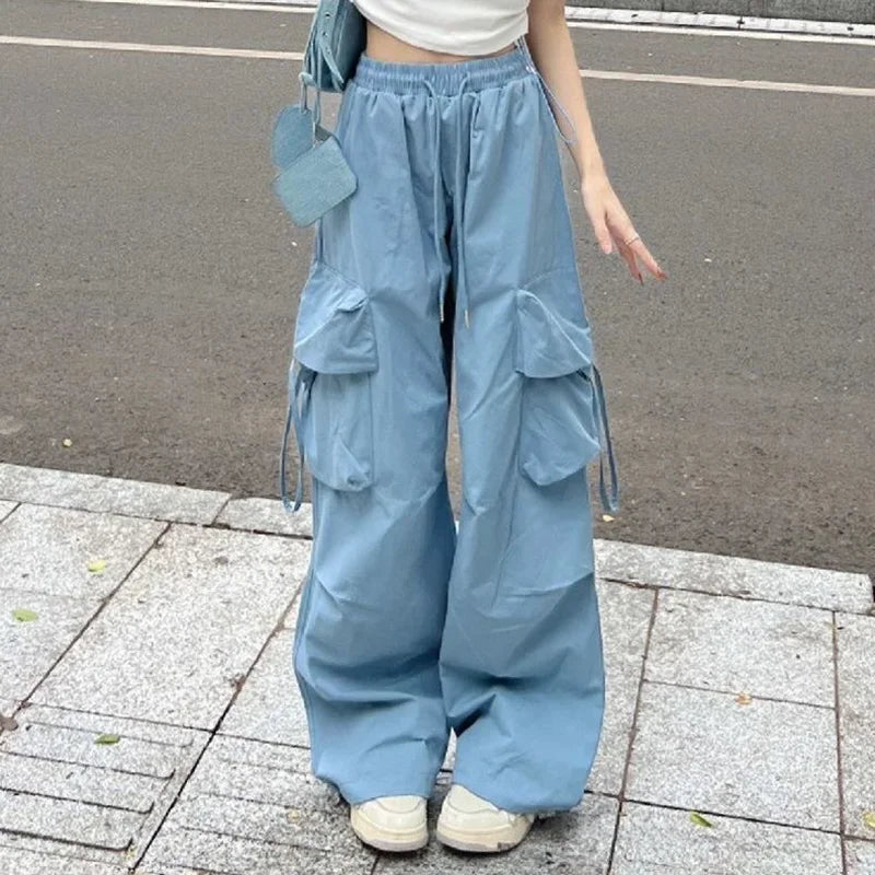 Blue Sweet Embroidered Casual Trousers Women Japanese Versatile Trend Summer High Waist Loose Multi Pocket Wide Leg Cargo Pants