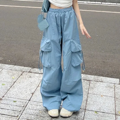 Blue Sweet Embroidered Casual Trousers Women Japanese Versatile Trend Summer High Waist Loose Multi Pocket Wide Leg Cargo Pants