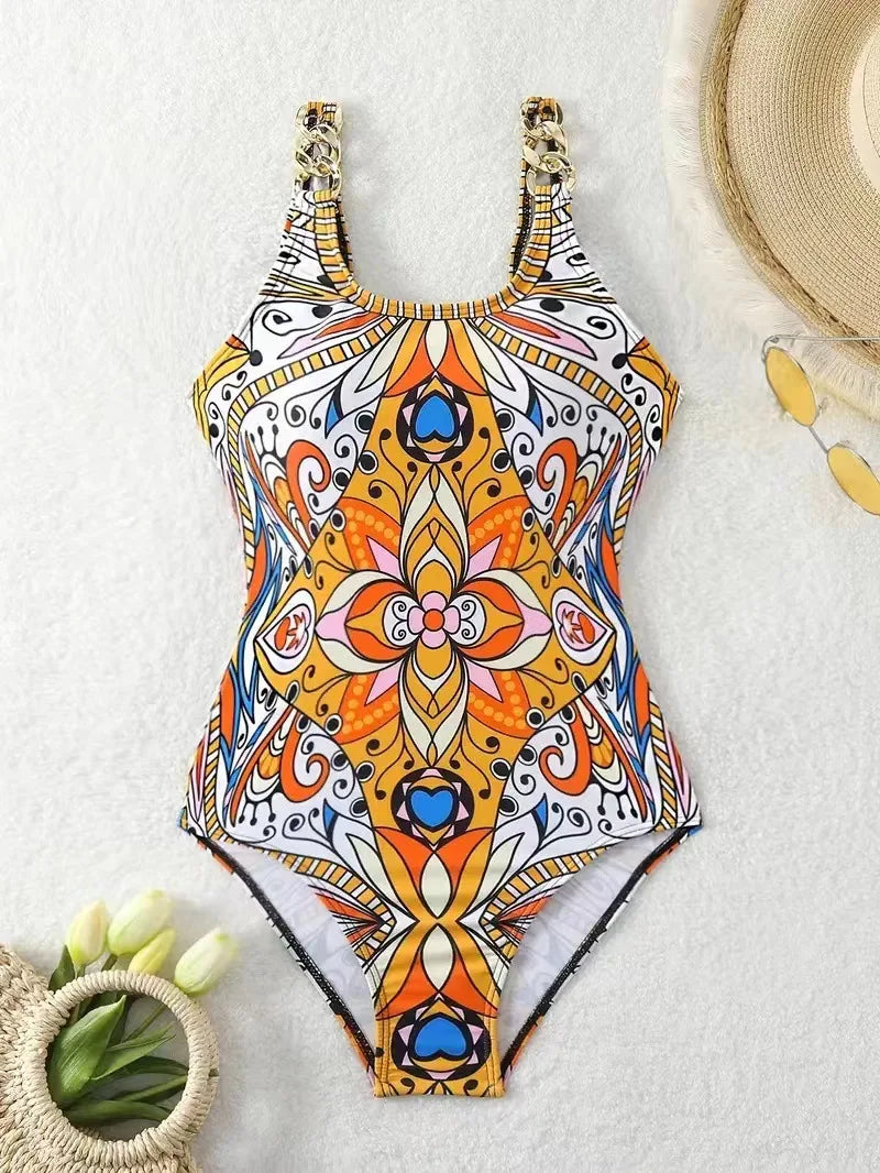 Sexy and Fashionable Swimsuit 2026 Women's Retro Printed Push Up Swimsuit with One Piece Swimsuit Women Hot Spring Bikini Cut