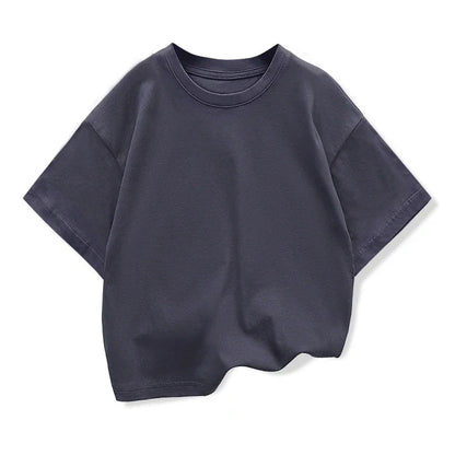 Kids Dropped Shoulder Short-sleeved T-shirt Summer New Pure Cotton Round Neck Loose Bottoming Shirt Student Sportswear 2-10Y