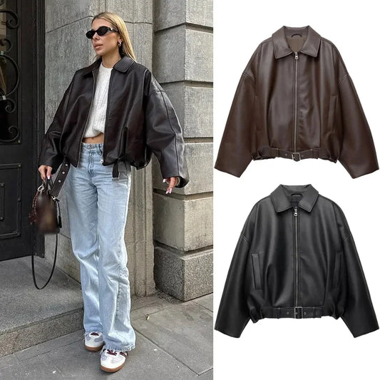 Vintage Leather Bomber Jacket – Women's PU Leather Zip Jacket With Belt & Patchwork Design