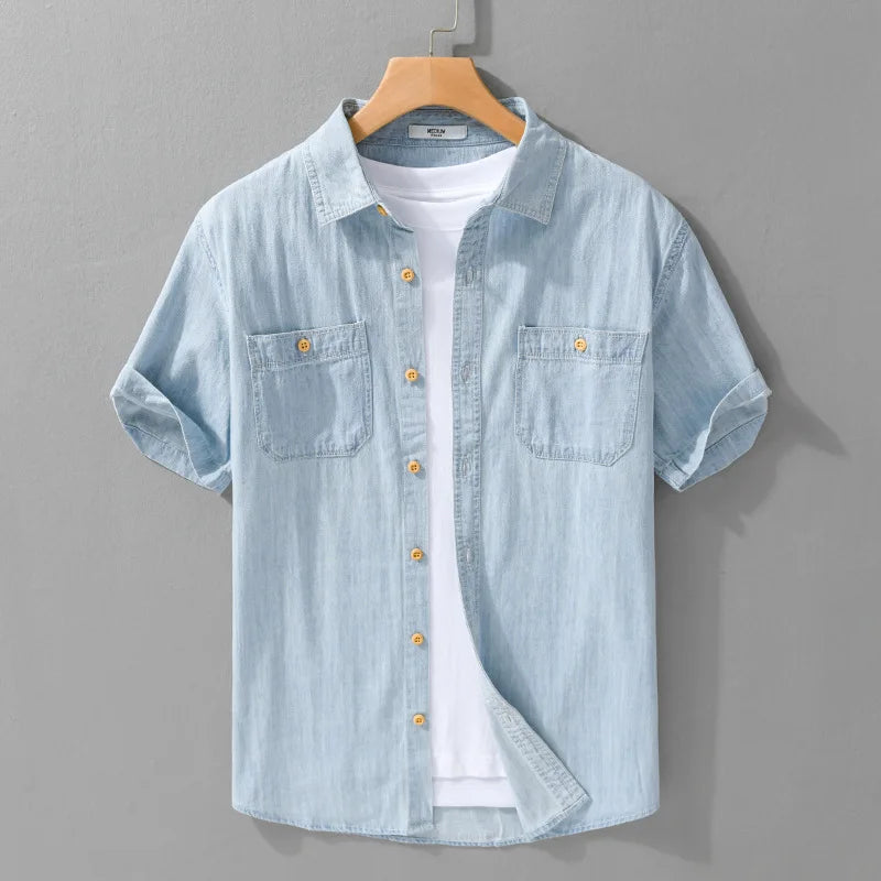 Light and Thin Summer Short-sleeved Denim Shirt for Men, Casual and Breathable, Sweat-wicking, Suitable for Daily Commuting.
