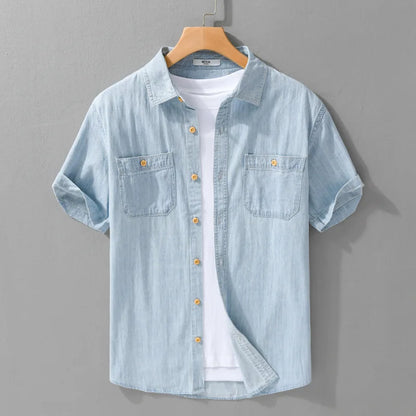 Light and Thin Summer Short-sleeved Denim Shirt for Men, Casual and Breathable, Sweat-wicking, Suitable for Daily Commuting.
