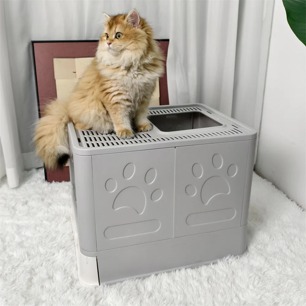 Stainless Steel Covered Cat Litter Box - Large Top Entry Pan with Scoop High Sided for Easy Cleaning - ZOOMNSTORE