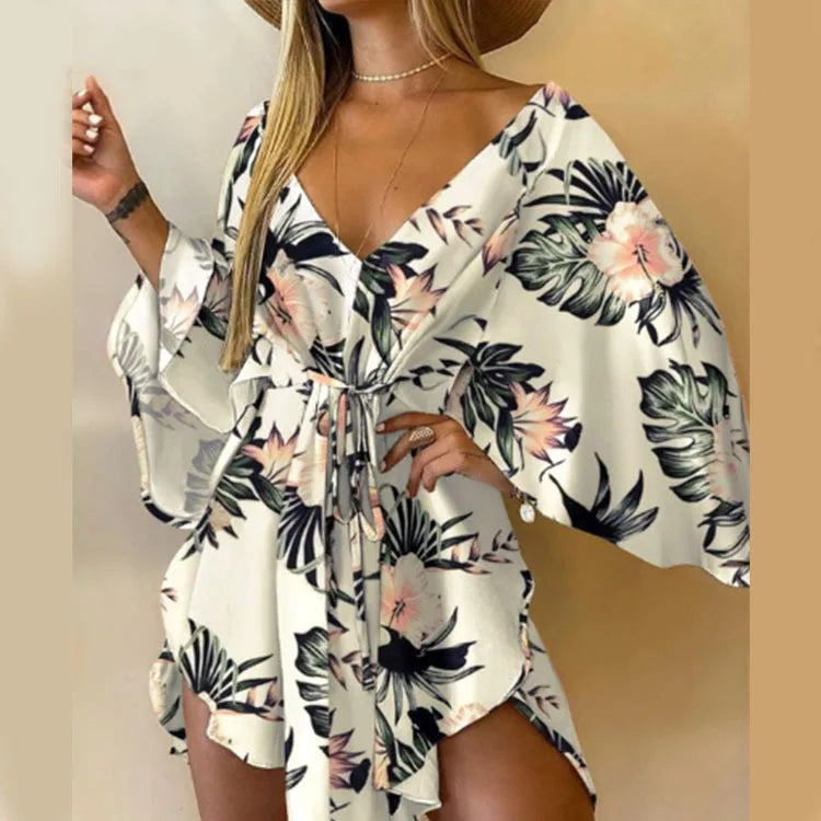 Women Print Dress - V-Neck Mini Sundress With Batwing Sleeve & Ruffle Detail