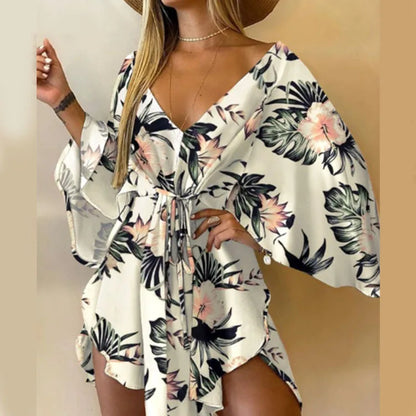 Women Print Dress - V-Neck Mini Sundress With Batwing Sleeve & Ruffle Detail