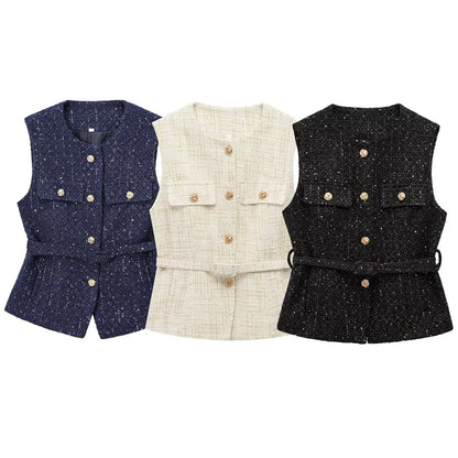 HXAO Women's Vest Summer 2025 Blue Off White Black Vest Textured Waistcoat Woman Button Sleeveless Vest Women Fashion Outerwears