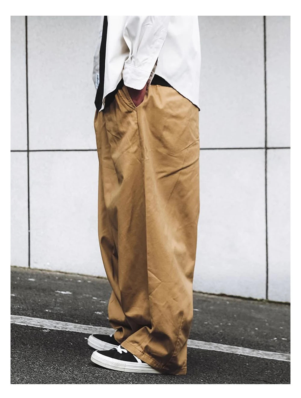 Solid Color Wide Leg Cargo Pants Mens Baggy Pleated Streetwear Elastic Waist Casual Loose Trousers Men