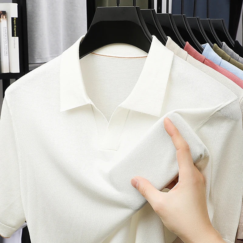 100%  Lyocell Knitwear 2025 Men Spring Summer Trendy Turn Down Collar Knit Tees Short Sleeve Breathable Knit Tops