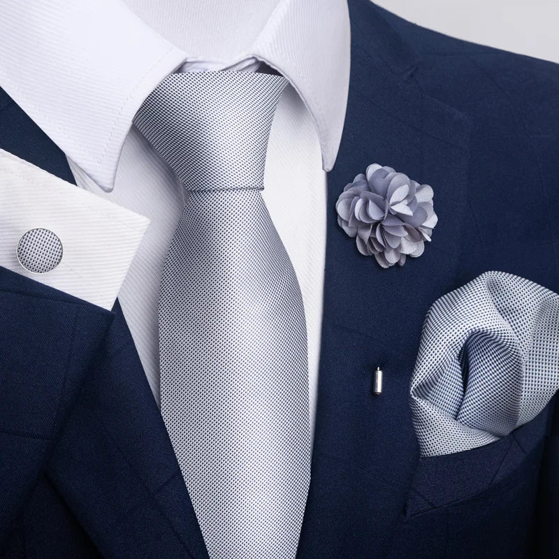 Luxury Mens Floral Black Gold Tie Set - Paisley Necktie Pocket Square Cufflinks  Brooch for Weddings and Parties