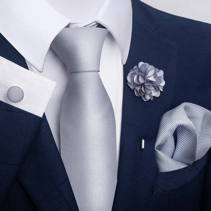 Luxury Mens Floral Black Gold Tie Set - Paisley Necktie Pocket Square Cufflinks  Brooch for Weddings and Parties