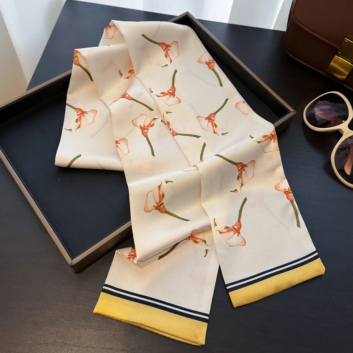 Floral Silk Scarf - Long Ribbon Neck Tie  Headband for Women