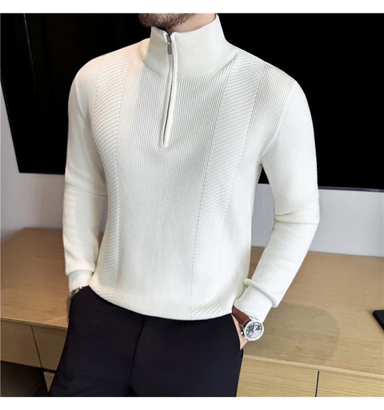 Men's Semi-Zip Knit Sweater - White (Gray/Black)  Winter Weight Fabric Fashionable Semi-High Neck Daily Wear