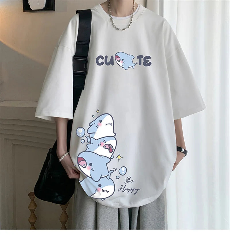 Men's Cotton T-shirts White Men Oversized T Shirt Anime Shark Print Summer Casual Wear 5XL Tee Shirts Big Size Male Clothes