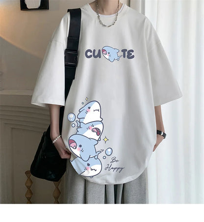 Men's Cotton T-shirts White Men Oversized T Shirt Anime Shark Print Summer Casual Wear 5XL Tee Shirts Big Size Male Clothes