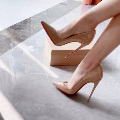New Shallow Classic Patent Leather 12cm Fashionable and Versatile Work High Heels Nude 10cm Thin Heel Plus Size 33-46