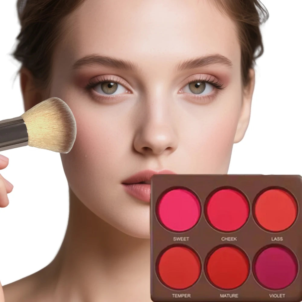 6-Color Waterproof Matte Blush Palette Free Brush Buildable Medium Coverage Sweatproof&Long-Lasting Natural Finish Lightweight