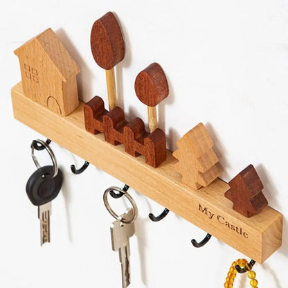 Charming Solid Wood Key Hook Rack - Punch-Free Wall Mount Storage For Keys, Coats & Towels - Perfect Home Decor Accessory