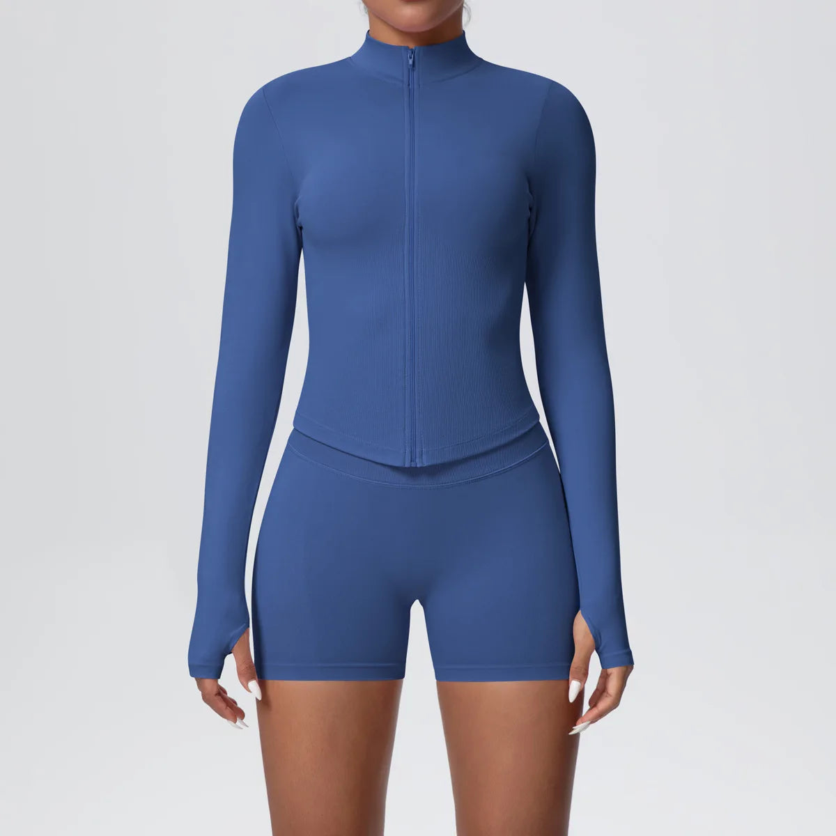 Women Gym Set - Seamless Yoga Suit With Zip Shirt & Cycling Shorts Activewear