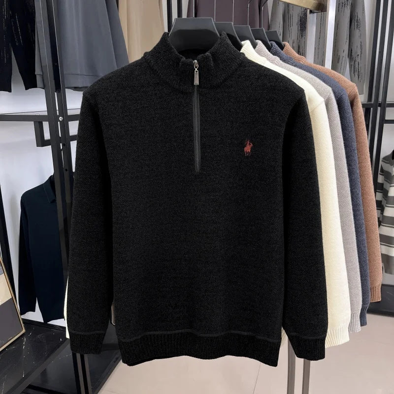Luxury Quality Men Long-Sleeved Knitwear Mock Neck Half-Zip Thicken Horse Embroidery Spring New Pullover Fashion Casual MensWear