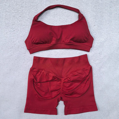 Shorts Set 2 Pieces Seamless Yoga Set Workout Tracksuit Women Halter Sport Bra And Low Waist Scrunch Bum Gym Shorts Suits
