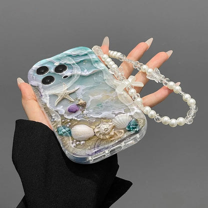 Beach Seashell Starfish Pattern Phone Case For iPhone 17 16 15 14 13 12 11 Pro Max 16E 17E With Lanyard Clear Wavy-edge Cover