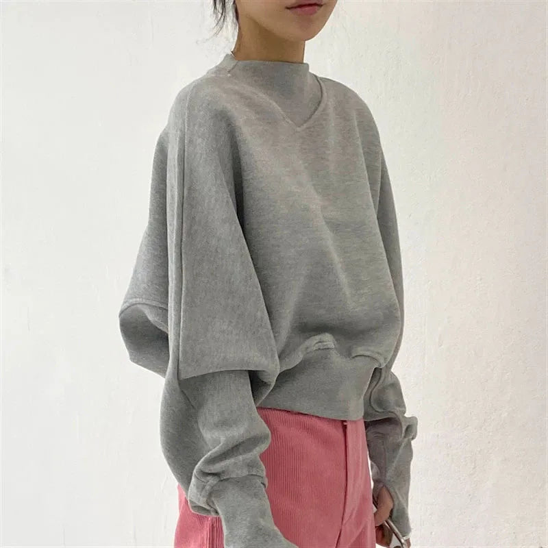 Fashion Waist Cinched Cropped Sweatshirts Women Autumn Harajuku Casual Oversized Pullover Lady Gray Long Sleeve Crewneck Hoodies