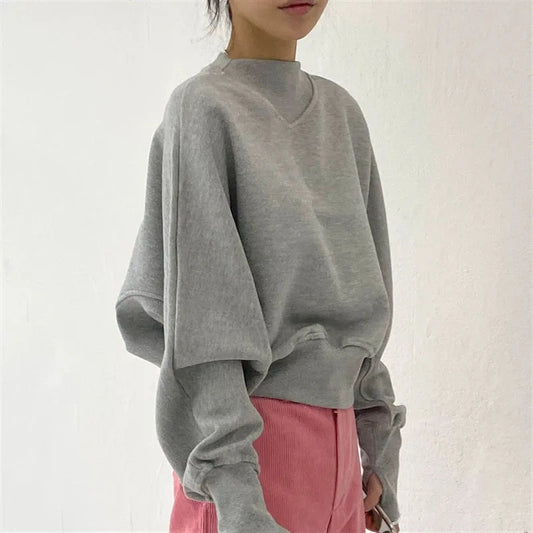 Fashion Waist Cinched Cropped Sweatshirts Women Autumn Harajuku Casual Oversized Pullover Lady Gray Long Sleeve Crewneck Hoodies
