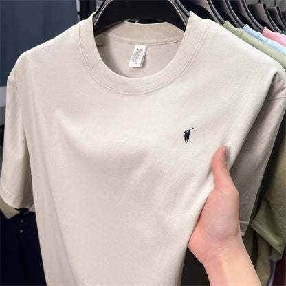 Xiaoma Embroidery Casual Pure Cotton Short Sleeved T-shirt for Young Men, Round Neck Solid Color T-shirt for Men