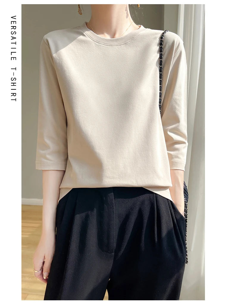 Summer Cotton Short-Sleeved T-Shirt Women's Round Neck Seven-Point Sleeves Loose Mercerized Cotton Half-Sleeve Shirt New T-shirt