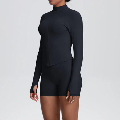 Women Gym Set - Seamless Yoga Suit With Zip Shirt & Cycling Shorts Activewear