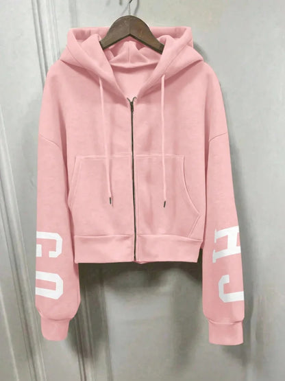 Women Y2K Crop Zip Up Hoodie Letter Print Oversized Long Sleeve Hooded Sweatshirt Casual Streetwear Short Jacket Outerwear