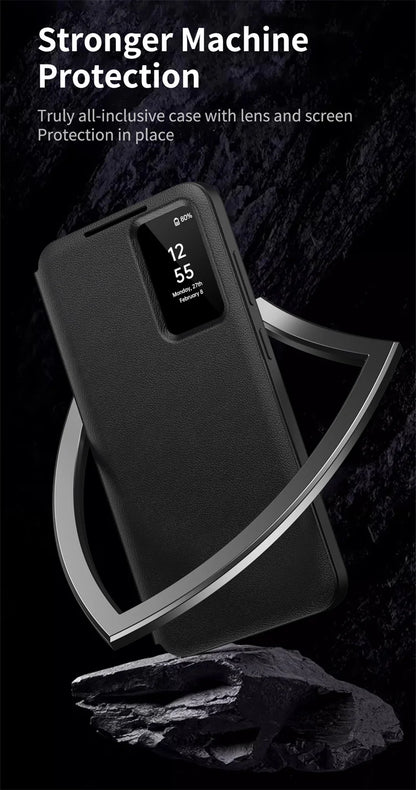For Samsung Galaxy S25 S23 S24 S26 Ultra S25Plus Case Original PU Leather Card Pocke Flip Smart Display Transparent Window Cover