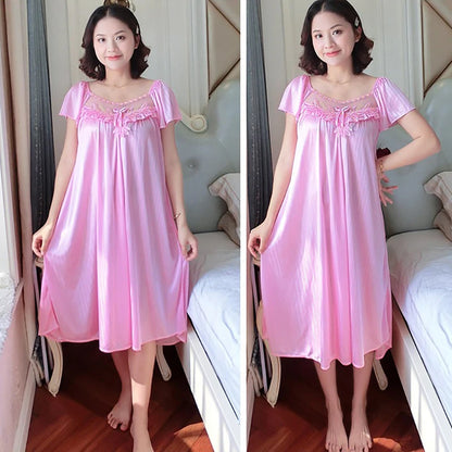Ladies Ice Silk Nightgowns Sleeping Dress Medium Length Short Sleeve Nightdress Sexy Sleepwear Home Wear Loungewear Pyjama Femme