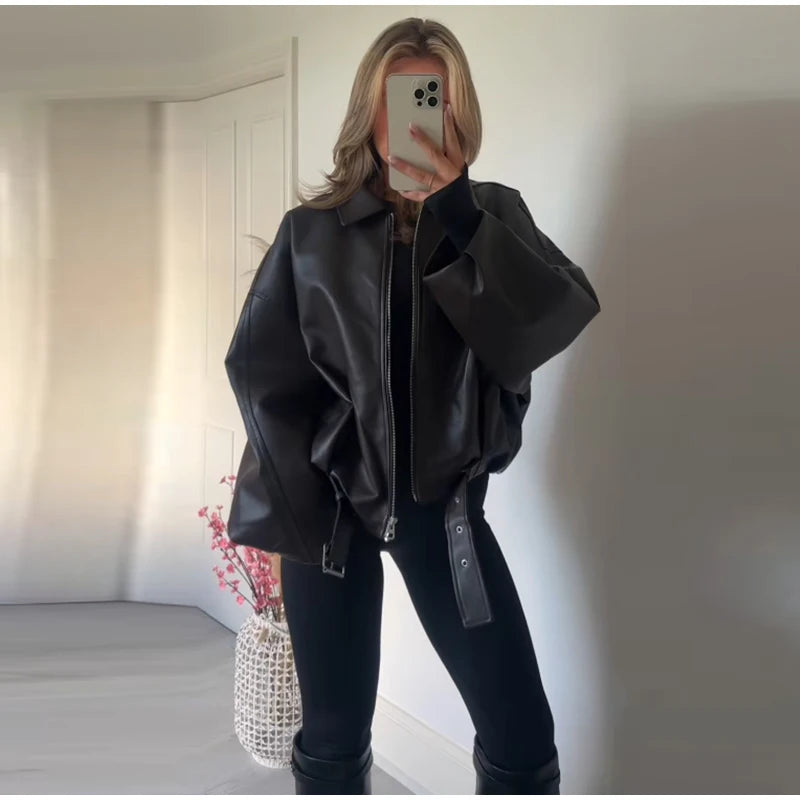 Vintage Leather Bomber Jacket – Women's PU Leather Zip Jacket With Belt & Patchwork Design