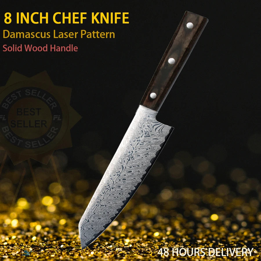 Damascus Chef Knife - Japanese Santoku Slicing Knife with Solid Wood Handle
