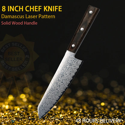Damascus Chef Knife - Japanese Santoku Slicing Knife with Solid Wood Handle