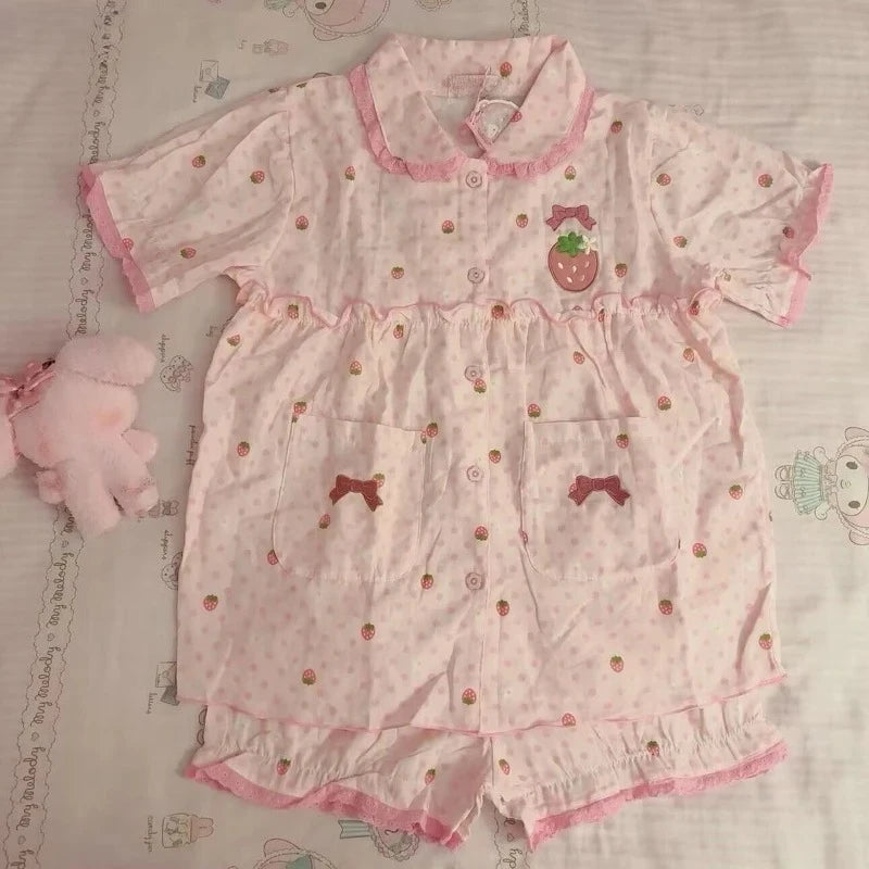 Japanese Kawaii Lolita Style Strawberry Embroidery Pajamas Set Ladies Short Sleeve Tops Shorts Sweet Summer Homewear Outfit