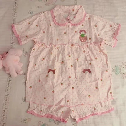 Japanese Kawaii Lolita Style Strawberry Embroidery Pajamas Set Ladies Short Sleeve Tops Shorts Sweet Summer Homewear Outfit