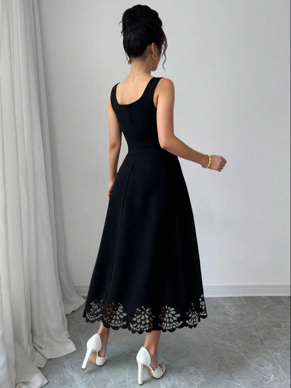 Minimalist Black Fit-and-Flare Dress Square Neck Sleeveless Laser Cut Lace Hem Casual Wedding Guest Dress