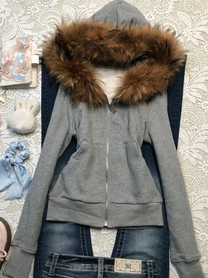 Vintage American Retro Solid Hooded Hoodie Women Winter Faux Fur Lined Zip Up Sweatshirt Cozy Fleece Pullover Streetwear Jacket
